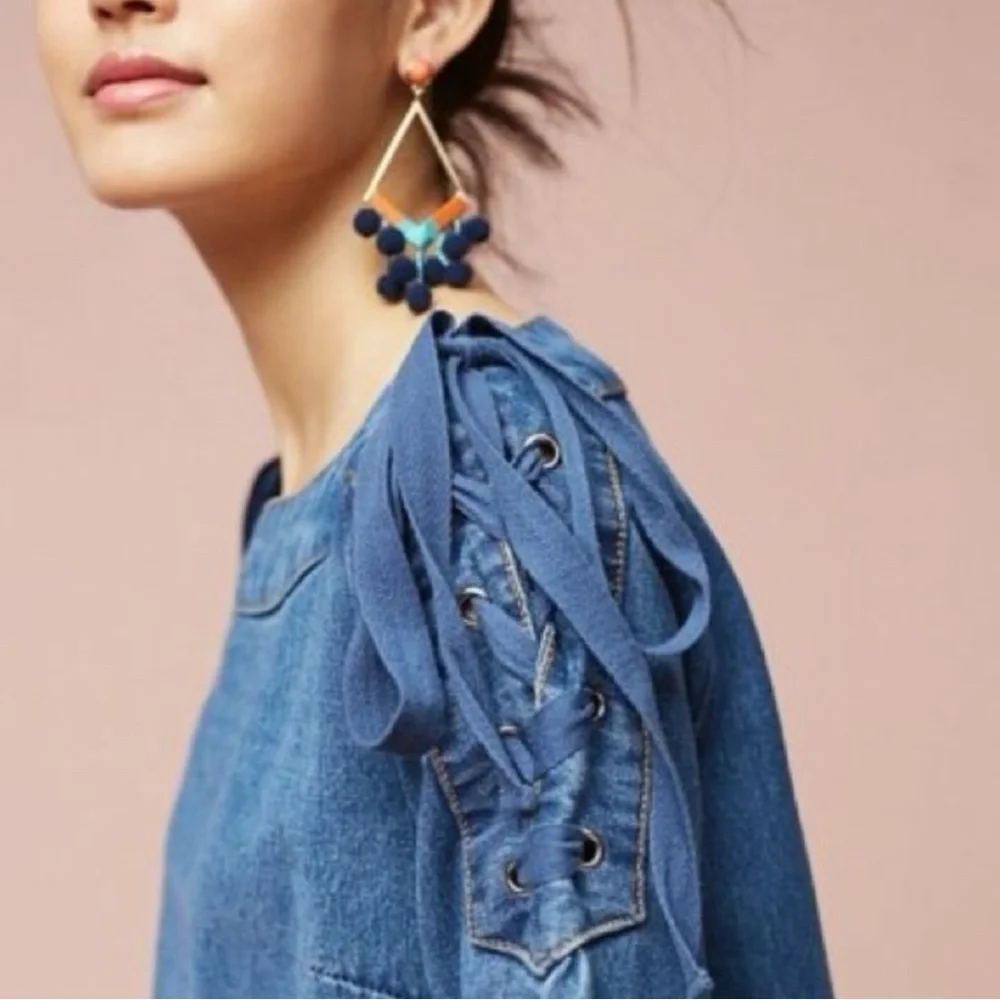 Anthropologie Maeve Denim Mini Shift Dress Country Lace Up Shoulders Women’s S - Picture 10 of 10
